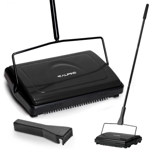 Alpine Manual Carpet Sweeper Triple Brush – Cordless Non Electric Multi-Surface Floor Brush Hardwood Floor Cleaner Easy Sweeping for Carpeted Floors (Improved Black) - color: Improved Black
