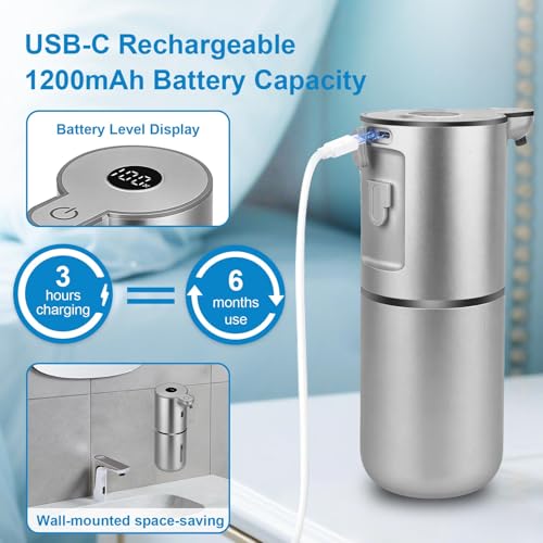 OHIFAST Automatic Liquid Soap Dispenser Touchless, USB Rechargeable Smart Hand Soap Dispenser, 6-Level Adjustable, 12.8oz/380mL Wall Mounted for Bathroom Kitchen Accessories Dish Soap-Silver - color: Silver, style: Liquid