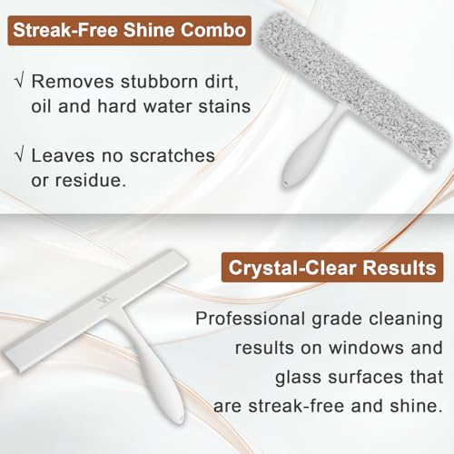 Shower Squeegee for Glass Doors & Microfiber Scrubber Kit 11Inch Window Washing Tools with Non-Slip Handle and Adhesive Hook - color: White+grey
