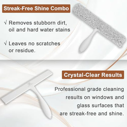 Shower Squeegee for Glass Doors & Microfiber Scrubber Kit 11Inch Window Washing Tools with Non-Slip Handle and Adhesive Hook - color: White+grey