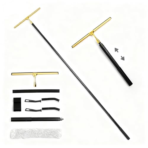 16.7“- 59.5" Long Handle Window Squeegee with Extension Pole, 12.4" Wide Metal Shower Squeegee for Glass Doors, 2-in-1 Squeegee for Home Window Cleaning, Tile Wall, Car (Gold) - color: Black/Gold, size: 12.4" Wide