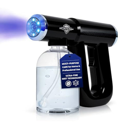Professional Barber Disinfectant Spray Gun, Ultra Fine Mist Sprayer, Black | Continuous Spray Bottle with Blue Light, Easy to Use Lightweight and Rechargeable Sanitizer Gun, Multipurpose Fogger Machine - color: Black