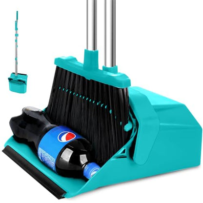 Tiumso Upgrade Broom with Dustpan Combo Set, Broom and Dustpan Set with 51'' Long Handle, Large Upright Brooms and Dust Pans, ZeroGap Lip, Self-Cleaning Dustpan Teeth for Lobby and Restaurant - Blue - color: Blue