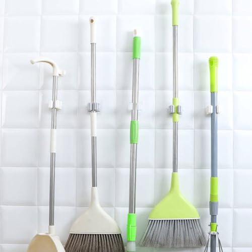 Broom And Mop Holder Clip 4 Pcs Mop Broom Wall Mounted Heavy Duty With Plastic Hooks Hanger No Drilling Mop Gripper For Home Bathroom Kitchen (white) - color: White
