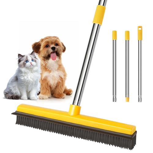 Rubber Broom for Pet Hair Removal, Carpet rake with Squeegee for Cleaning Pet Hair, 52 inch Long Handle Rubber Broom,Dual-Sided for Small Fluff Carpet, Hardwood Floor, Tile,Orange