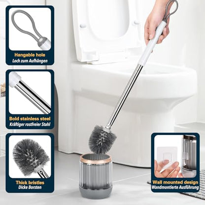 Toilet Bowl Brush and Holder 2 Pack Long Handle Toilet Brush for Bathroom with Separate Base for Floor and Wall Mounted Plastic Toilet Brush Set Under The Rim Household Cleaning (White)