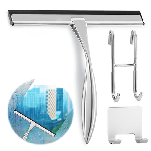 10" Silver Shower Door Squeegee - Stainless Steel Shower Squeegee for Streak-Free Bathroom Glass with Silicone Blade, Adhesive & Hanging Hooks for Mirror, Tile, Window, Car, Multi-Surface Everyday Use - color: Silver, size: 10 Inch