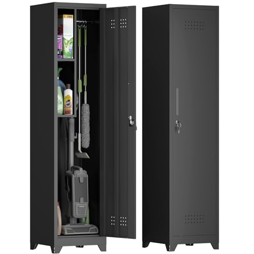IRONFFICE Metal Utility Closet with Hanging Rod,Narrow Broom Closet with Door,Slim Laundry Storage Cabinet for Bathroo,Gym,Living Room,Black - color: Black, size: indoor-65"H-1door
