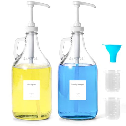 Glass Laundry Detergent Dispenser with Pump, 64OZ Liquid Laundry Soap Dispenser, Fabric Softener Dispenser Bottle for Laundry Room Organization and Storage, 2 Pack - color: 2p