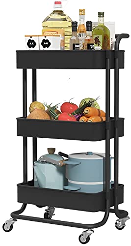 Sooyee 3 Tier Utility Cart,Rolling Cart with Handle and Lockable Wheels, Multi-Functional Storage Cart for Office, School,Living Room, Kitchen, Bathroom, Bedroom,Laundry,Black - color: Black, size: Wide 3 Tier 2