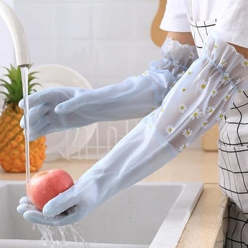1 Pair Waterproof Kitchen Gloves, Reusable Dishwashing Gloves, Extended Daisy‑Print Long Sleeve Household Glove - size: Medium