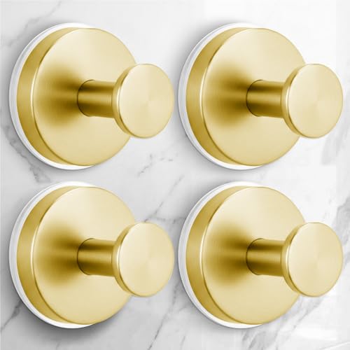 Large Suction Cup Hooks for Shower,Glass Window&Door,Mirror,Reusable Shower Hooks,No-Drill Removable Towel Hooks for Bathroom,4 Packs(Brushed Gold) - color: Gold, size: 4 Pack