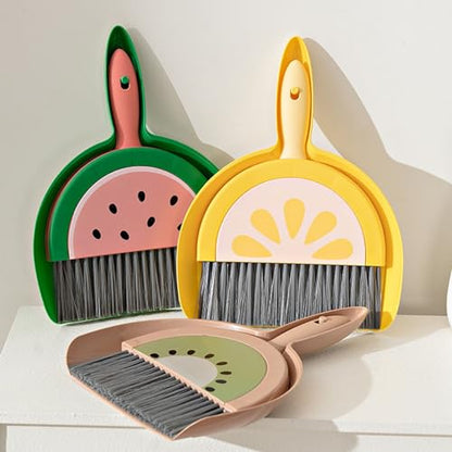 Mini Dustpan and Broom Set Compact Watermelon Lemon Small Hand Dustpan and Brush Kit Cute Fruit Shape Table Crumb Sweeper Cleaning Tools for Desk, Countertop, Sofa, Key Board Office, Kitchen (Green) - color: Green