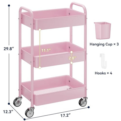 YASONIC 3-Tier Metal Rolling Cart, Heavy Duty Utility Cart with Lockable Wheels, Hanging Cups, Hooks, Mesh Rolling Storage Cart Craft Organizer, Lightweight and Sturdy, Pink - color: Pink