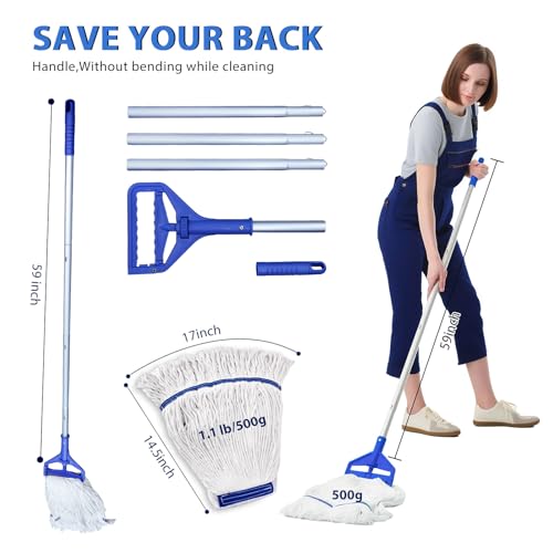 Heavy Duty Loop-End String Mop - Commercial Industrial Mop with Extra Replacement Heads, 59" Long Handle for Garage Workshop Warehouse Floor Cleaning - Effortless & Durable