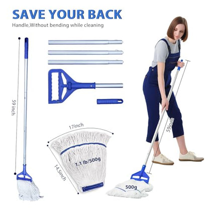 Heavy Duty Loop-End String Mop - Commercial Industrial Mop with Extra Replacement Heads, 59" Long Handle for Garage Workshop Warehouse Floor Cleaning - Effortless & Durable
