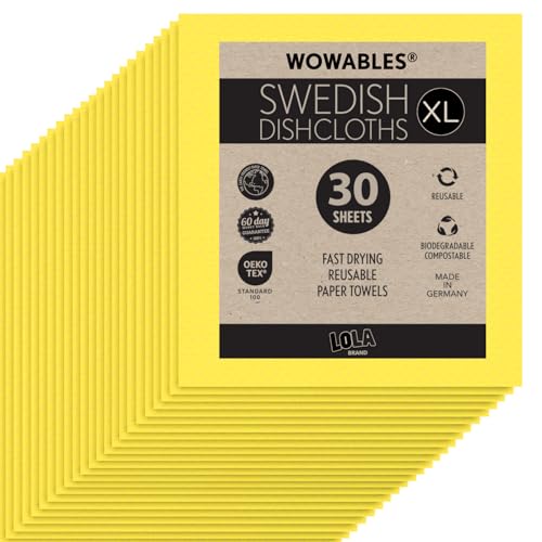 Swedish Dishcloths for Kitchen XL, 30 Sheet Roll, Biodegradable & Compostable, Reusable Paper Towel Cleaning Cloths, 11" x 10", No Odor, Washing Dishes, Ultra Absorbent Cellulose Sponge Towel, By LOLA - color: Mellow Yellow, size: 30 Sheets