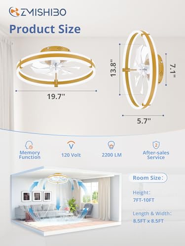 ZMISHIBO Ceiling Fans with Lights and Remote, 19.7'' Low Profile Ceiling Fan, 3000-6000K Dimmable Modern Flush Mount LED Fan Light, 6 Wind Speeds, Gold Fandelier Ceiling Fans for Bedroom - color: Gold, size: 19.7 INCH