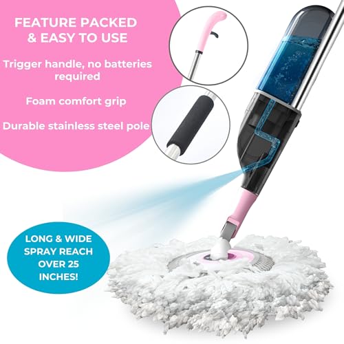 True & Tidy® Clean Everywhere Spray Mop Kit with 3 Interchangeable Heads & Refillable Tank - Flat, Round, Squeegee (Pink) - color: Pink