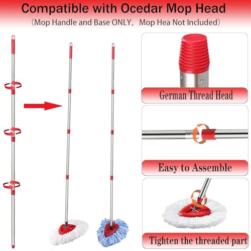 Spin Mop Replacement Handle, 4-Section 30-to-58 inch Mop Replacement Stick and Base Compatible with Ocedar Mop Handle for Easy Wring Mop Refills, Germany Screw Joint(Mop Head not Include) - color: Red, size: Handle + 1 Base