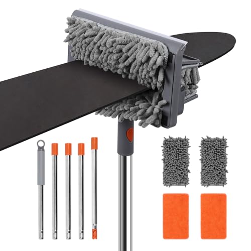 Ceiling Fan Cleaner Duster with 80" Stainless Steel Extendable Pole, 6-in-1 High Reach Fan Duster for Ceiling Fan Blades with 4 Reusable Mop Pads for Fan, Wall, Floor, Blind, Baseboard & Window