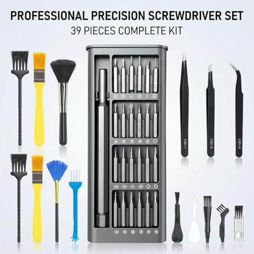 Professional Small Precision Screwdriver Set, 39 Pieces, with Anti-Static tweezers, keyboard brush cleaner kit, Magnetic Electronics Repair Kit for Phone, Computer, Watch, Glasses.