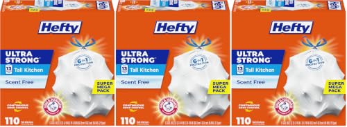 Hefty Ultra Strong 13 Gallon Trash Bags, Tall Kitchen Trash Bags 13 Gallon Size, Drawstring Closure, Continuous Odor Control, White, Unscented, 110-Bags (Pack of 3) - size: 110 Count (Pack of 3)