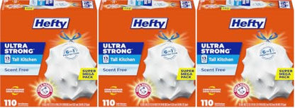 Hefty Ultra Strong 13 Gallon Trash Bags, Tall Kitchen Trash Bags 13 Gallon Size, Drawstring Closure, Continuous Odor Control, White, Unscented, 110-Bags (Pack of 3) - size: 110 Count (Pack of 3)