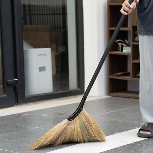 Vietnamese Straw Soft Broom - Indoor Grass Broom - Sweeping Hand with Black Long Handle Broomstick for House, Garage, Office, Lobby Room, Kitchen with 56.69 in Length - color: Black