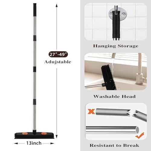 Pet Rubber Broom with 49inch Long Handle, Portable Detailing Lint Remover, Soft Push Broom for Fluff Carpet, Hardwood, Tile, Window (Black)