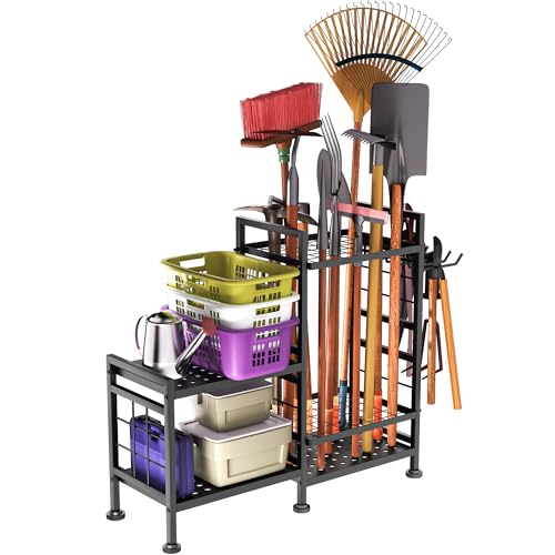 GIOTORENT 5 Tier Garden Tool Organizer, Metal Yard Tools Storage Rack, Garage Storage and Organization, Heavy Duty Garden Tool Organizer for Garage, Yard, Patio, Shed, Indoors and Outdoors, Black - size: 33.4x 12.8 x 30.3