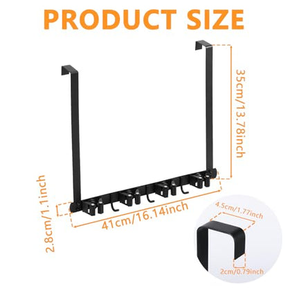 Broom Holder Over the Door with Hooks, Wall Mount Mop and Broom Holder, Stainless Steel Hanging Over the Door, Easy to Install Broom Storage Tool Organizer for Garage Closet Laundry