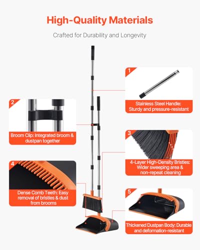 VEVOR Broom and Dustpan Set, Heavy Duty Dustpan and Broom Combo with Self-Cleaning Teeth, Metal Upright Standing Dust Pan with Long Handle, Ideal for Home, Restaurant, Office, Dorm, Black+Orange