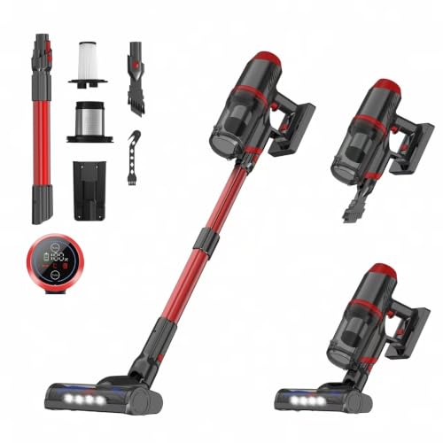 Cordless Vacuum Cleaner Upgraded 200W 45Mins Rechargeable with 3 Suction Modes Anti-Tangle Wireless Vacumm with Touch Screen LED Light Lightweight Wireless Vacuum for Home Pet Hair Floors Car - color: Red