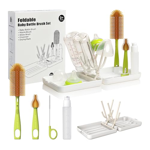 YOTIME Travel Bottle Brush, Travel Bottle Cleaner Kit with Foldable Bottle Drying Rack, for Visit Friends and Relations, Baby Travel Essentials, BPA Free, White - color: White