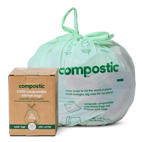 Compostic Compostable Trash Bags, 3 Gallon Small (50 Count) Starter Pack — Home Compostable, Plant-Based, Extra Strong, Non-Toxic, Unscented Garbage Bags for Bathroom & Office - size: 50 Count (Pack of 1), style: Small 3 Gallon