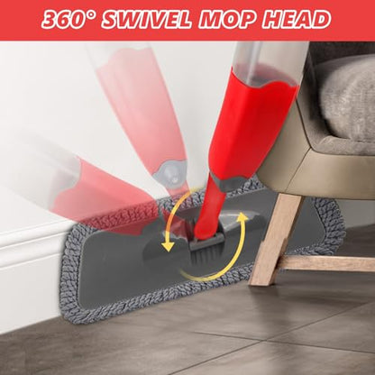 HOMTOYOU Dust Mop for Hardwood Floors: Microfiber Spray Mop for Cleaning | 3 Pcs Washable Reusable Pads, 1Pcs 400+ML Refillable Bottle, 360-Degree Swivel Mop, Red & Gray - color: Red