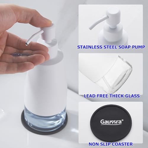 Gaussra White Soap Dispenser with Coaster and Stickers, Stainless Steel and Glass Bottle Hand Pump Dispenser, Refillable Liquid Hand Soap Dispenser for Bathroom & Kitchen (11OZ / 320ML) - color: White