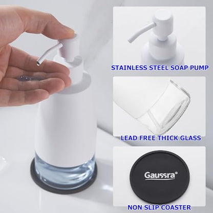 Gaussra White Soap Dispenser with Coaster and Stickers, Stainless Steel and Glass Bottle Hand Pump Dispenser, Refillable Liquid Hand Soap Dispenser for Bathroom & Kitchen (11OZ / 320ML) - color: White