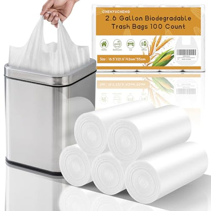 2.6 Gallon Small Trash Bags Bathroom With Handle 100 Count | Biodegradable White Mini Garbage Bags 10 Liter,Tiny Waste Basket Liners For Kitchen Office Car Unscented,Strong Thick