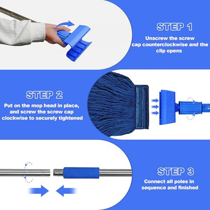 NEWE Commercial Mop for Floor Cleaning, Heavy Duty Industrial Mops with 55 inches Long Handle, Looped-End Wet Dry String Mop for Hardwood Tile Concrete Home Kitchen Office Garage (Blue)
