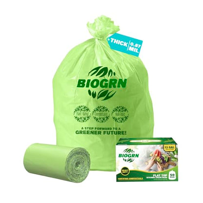10-13 Gallon Compostable Trash Bags with Flat-Top 50 Bags Thick 0.87 Mil Leakproof Plant-based Tall Kitchen Wet Food Scrap Waste, ASTM D6400, US BPI and OK Compost Home Certified - color: 13 Gal, Flat Top Bags, 50 Count