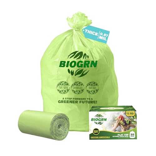 10-13 Gallon Compostable Trash Bags with Flat-Top 50 Bags Thick 0.87 Mil Leakproof Plant-based Tall Kitchen Wet Food Scrap Waste, ASTM D6400, US BPI and OK Compost Home Certified - color: 13 Gal, Flat Top Bags, 50 Count