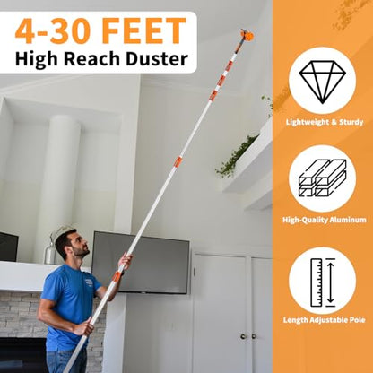 4-30 Ft Window Squeegee Cleaning Kit, Window Washing Kit with Extension Pole, 2-in-1 Window Cleaner Tool with Long Handle Scrubber for Outdoor Indoor Use (Microfiber Feather Duster & Cobweb Duster)