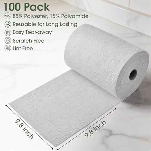 Microfiber Cleaning Cloth Roll - 100 Pack Tear Away Microfiber Paper Towels, Reusable, Washable, Scratch-Free, Kitchen Towels for Car, Home, Kitchen, Glass, Dishes (Light Grey) - color: Lightgrey