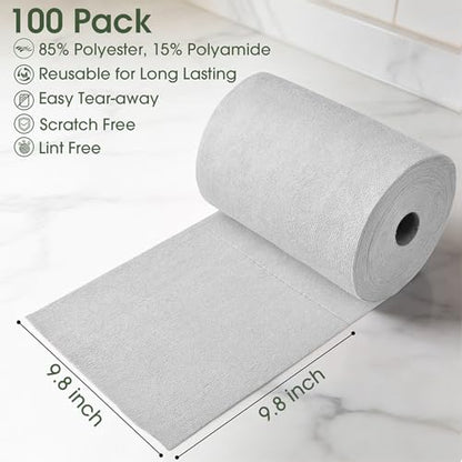 Microfiber Cleaning Cloth Roll - 100 Pack Tear Away Microfiber Paper Towels, Reusable, Washable, Scratch-Free, Kitchen Towels for Car, Home, Kitchen, Glass, Dishes (Light Grey) - color: Lightgrey