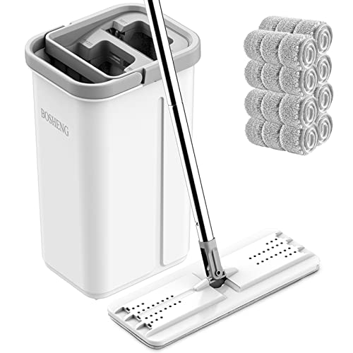 BOSHENG Mop and Bucket with Wringer Set, Hands Free Flat Floor Mop and Bucket, 8 Washable Microfiber Pads Included, Wet and Dry Use, Home Floor Cleaning System for All Floor Types and Windows - size: White Mop and Bucket Set with 8 Pads