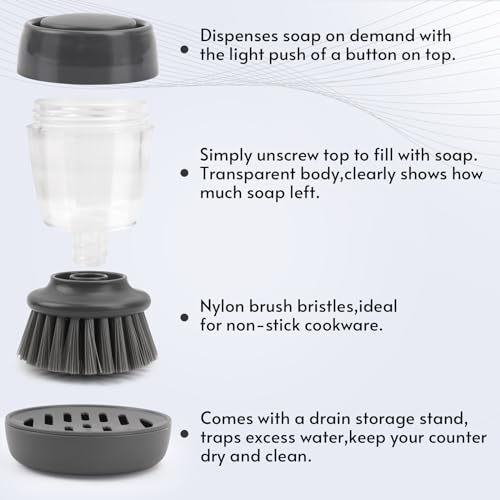 Kitchen Brush with Holder and Soap Dispensing Palm Brush Storage Set for Kitchen Cleaning Dishes Pots Pans Sink Cleaning Dish Scrubber - color: Gray