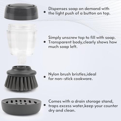 Kitchen Brush with Holder and Soap Dispensing Palm Brush Storage Set for Kitchen Cleaning Dishes Pots Pans Sink Cleaning Dish Scrubber - color: Gray