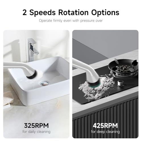 Electric Spin Scrubber - Cordless Cleaning Brush with 8 Replaceable Brush Heads and Adjustable Extension Handle, Power Dual Speed Shower Cleaning Scrubber for Bathroom, Tub, Tile, Floor, etc (White)